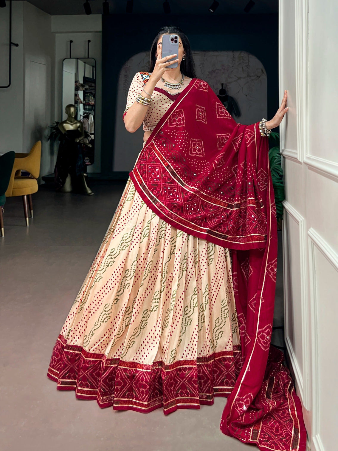 Off White Bandhej Print Lehenga