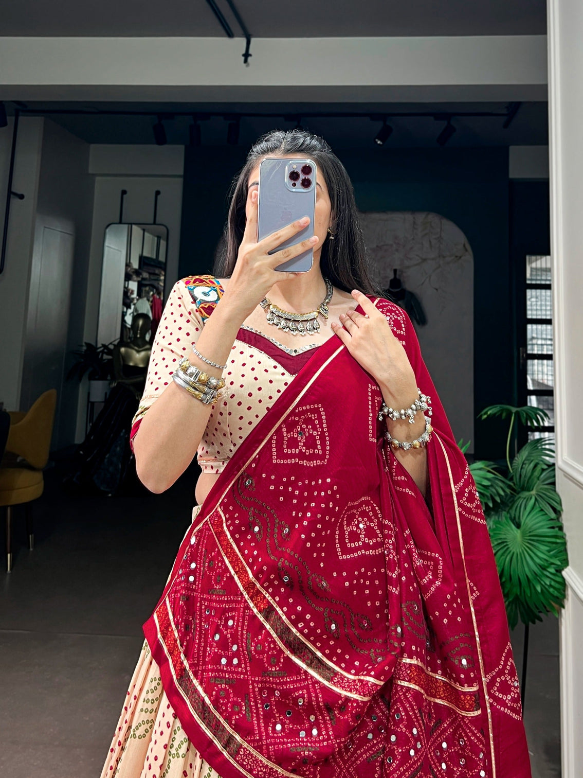 Off White Bandhej Print Lehenga