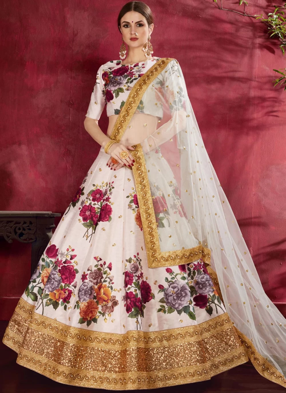 Off white bangalori silk print lehenga