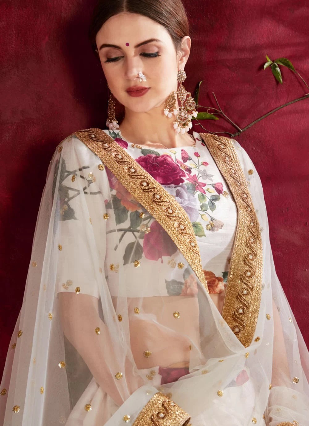 Off white bangalori silk print lehenga