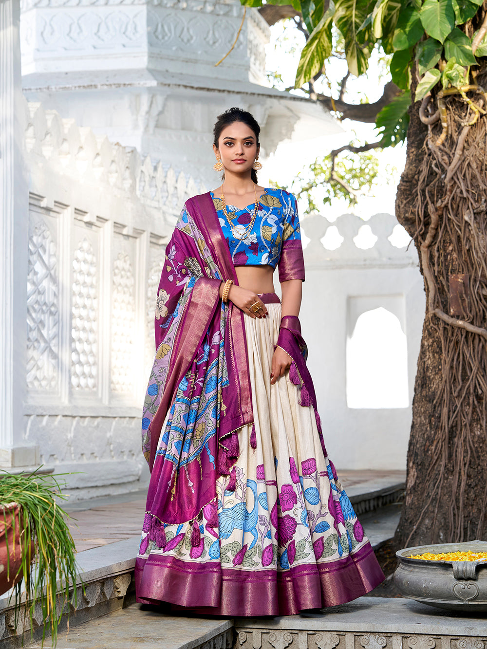 Off white color printed kalamkari with zari weaving border jacquard silk lehenga choli