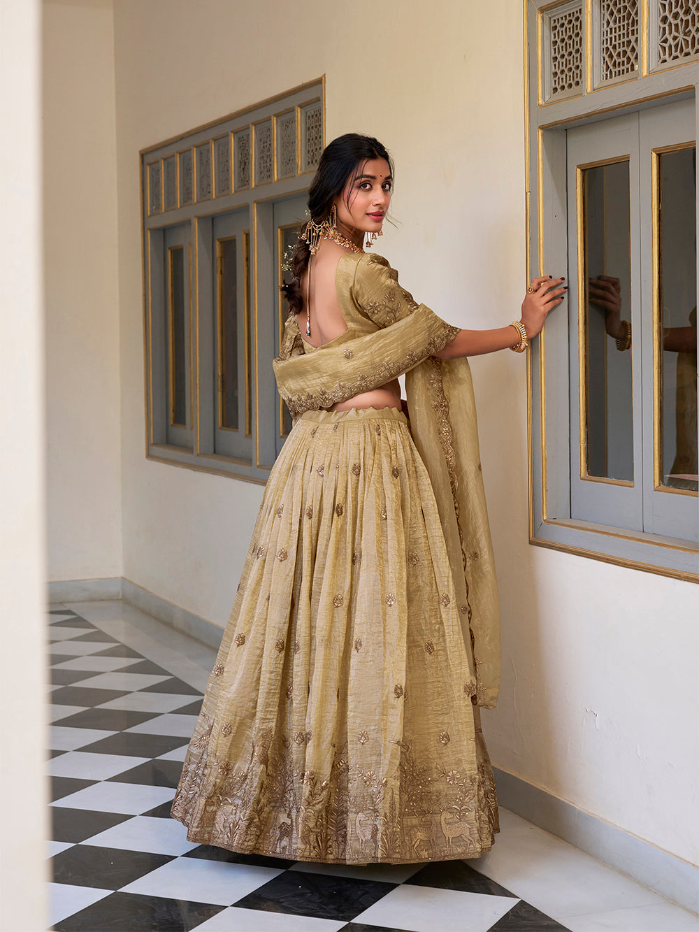 Off white gold crush lehenga choli with sequins embroidery scalloped lace dupatta