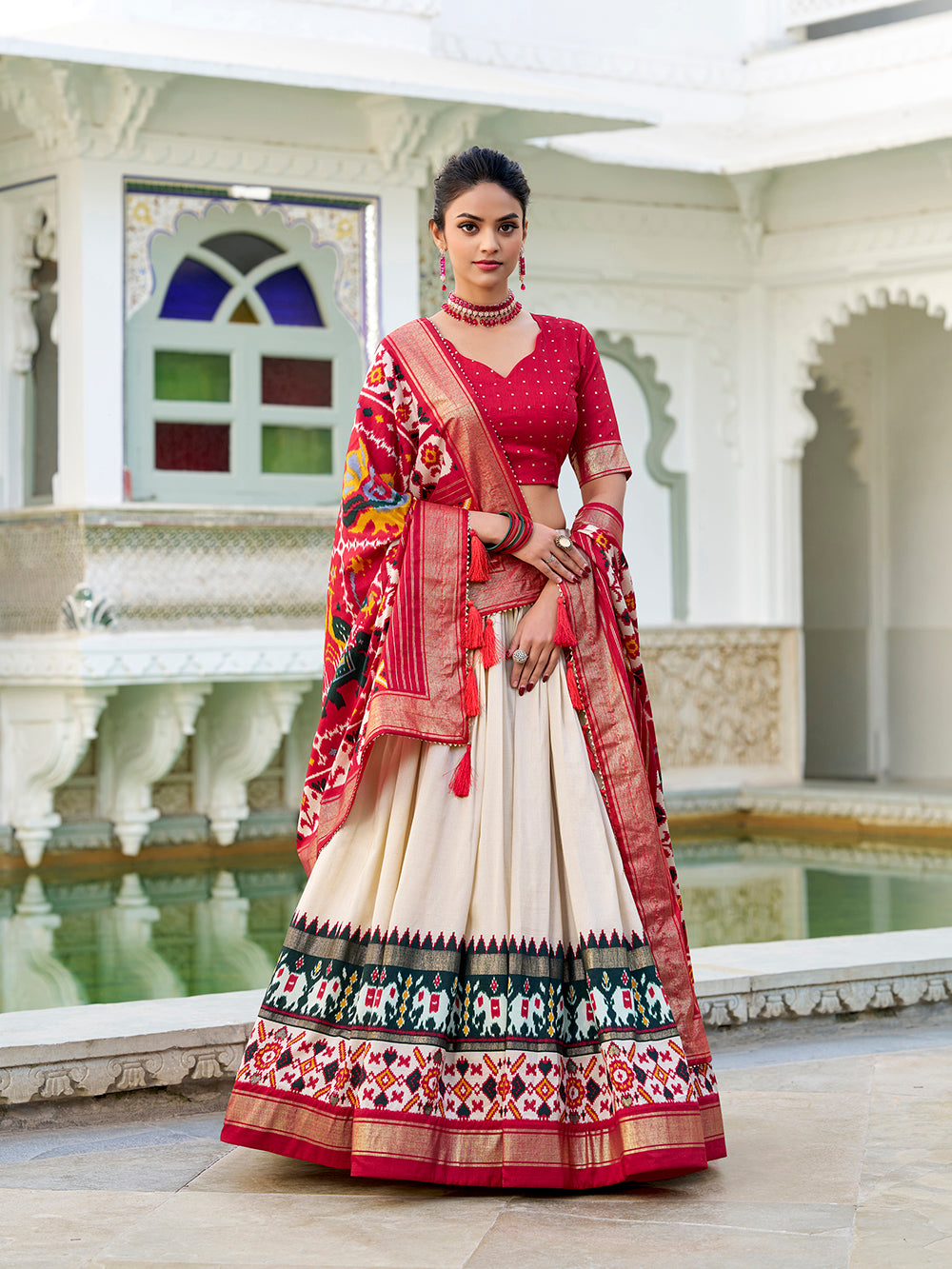Off white tasar silk lehenga choli with hyderabadi patola print foil work