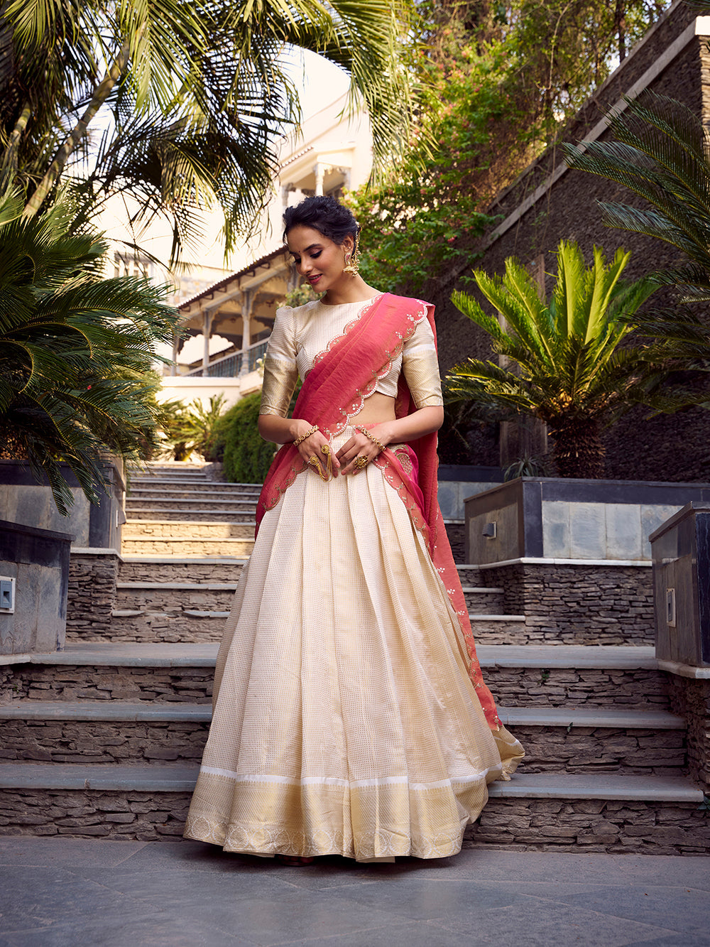 Off white jacquard silk south indian lehenga choli with golden zari weave embroidered dupatta