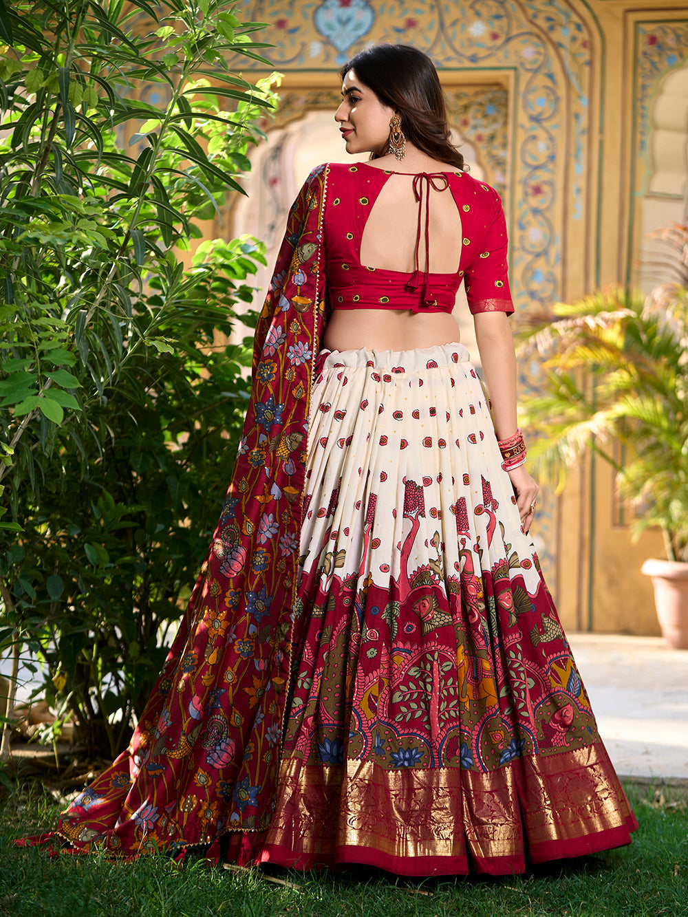 Off white color kalamkari print with foil work tasar silk lehenga choli