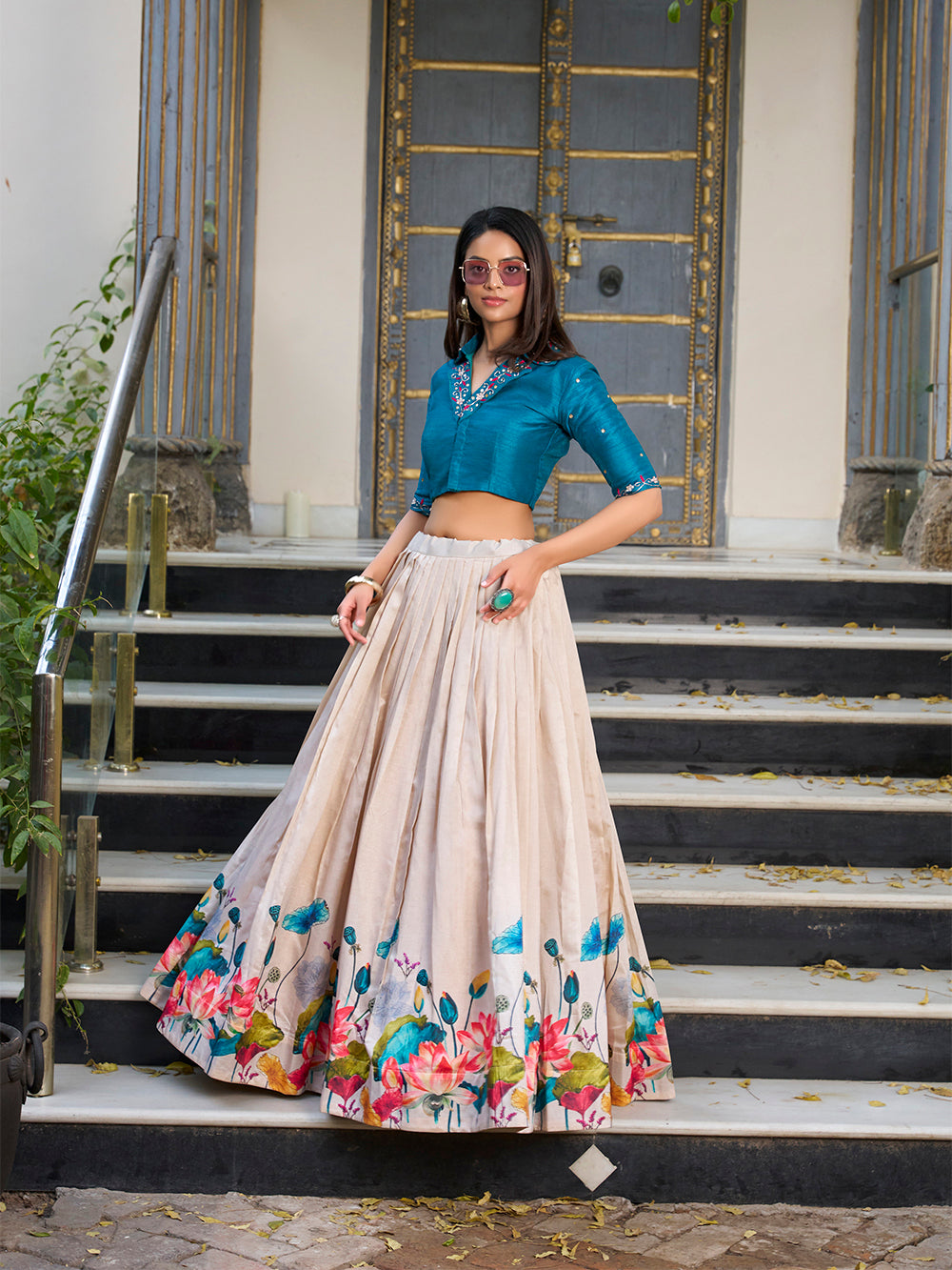 Off white tasar silk floral print lehenga choli stitched elegance