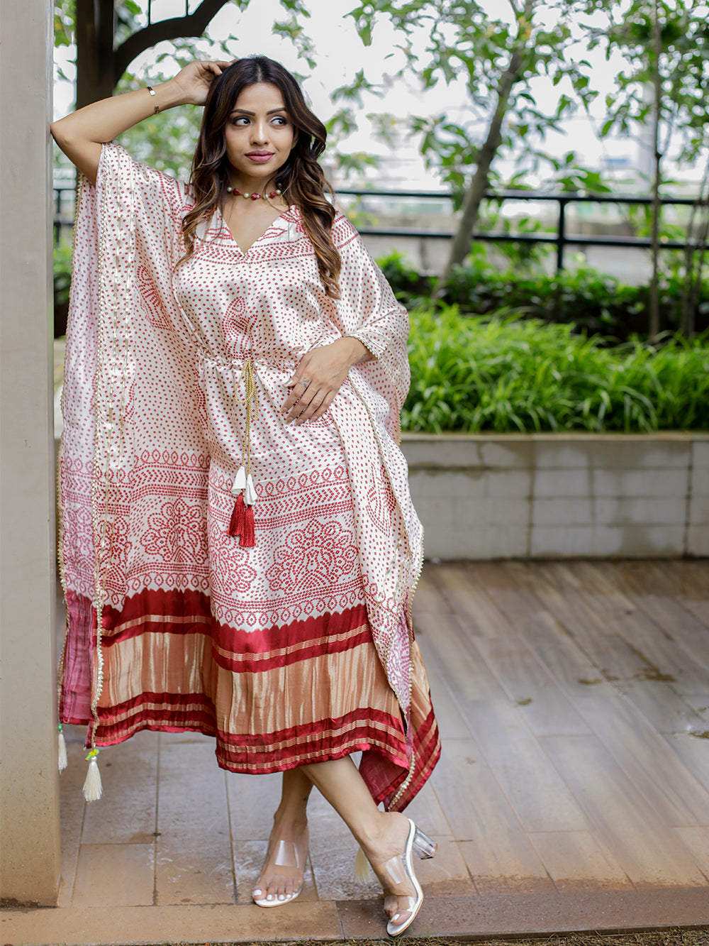 Off-White Color Digital Bandhej Printed Pure Gaji Silk Kaftan