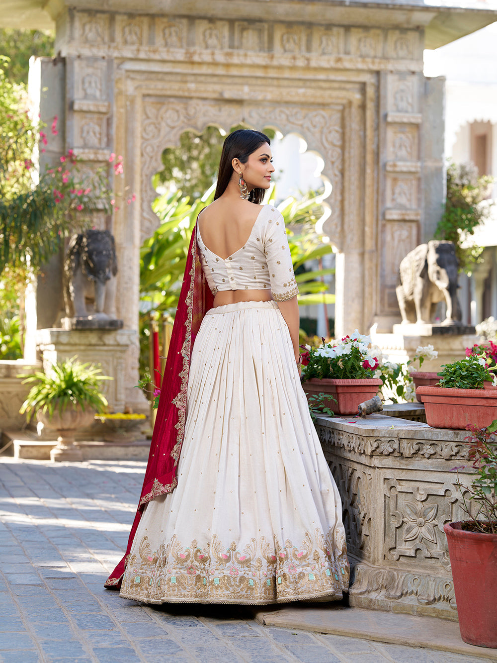Off white vichitra silk lehenga choli with sequins thread embroidery