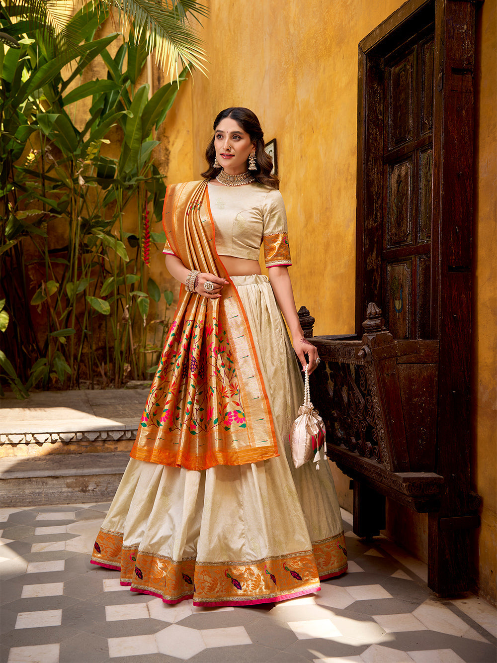 Off white paithani lehenga choli with zari weaving dupatta