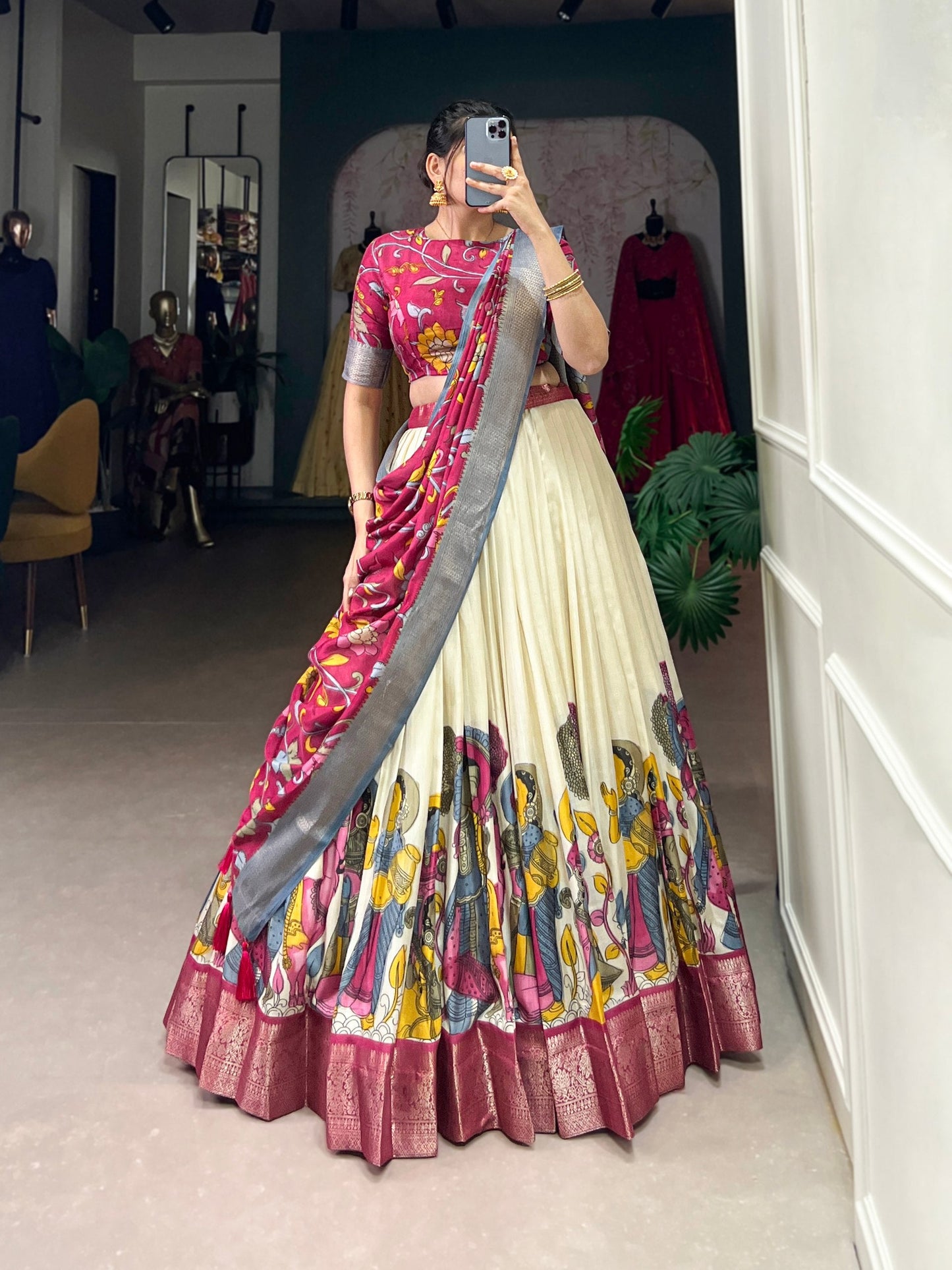 Off White Dola Silk Kalamkari Lehenga Set with Zari Weaving Border
