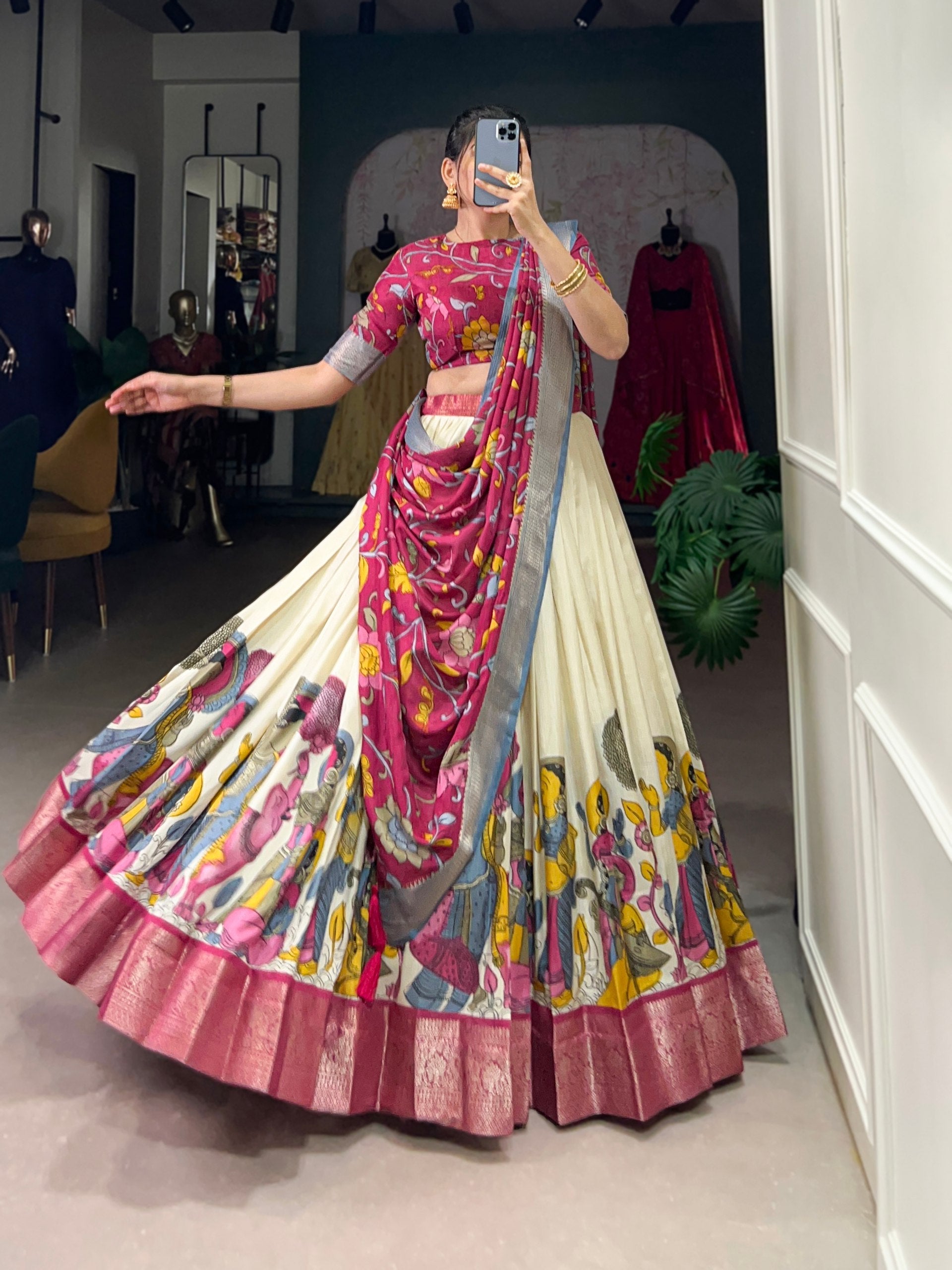 Off White Dola Silk Kalamkari Lehenga Set with Zari Weaving Border