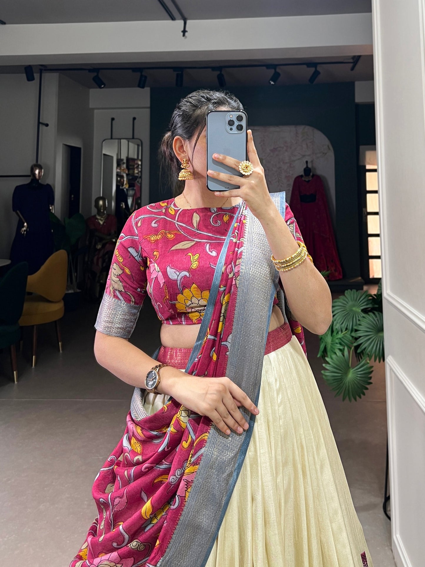Off White Dola Silk Kalamkari Lehenga Set with Zari Weaving Border