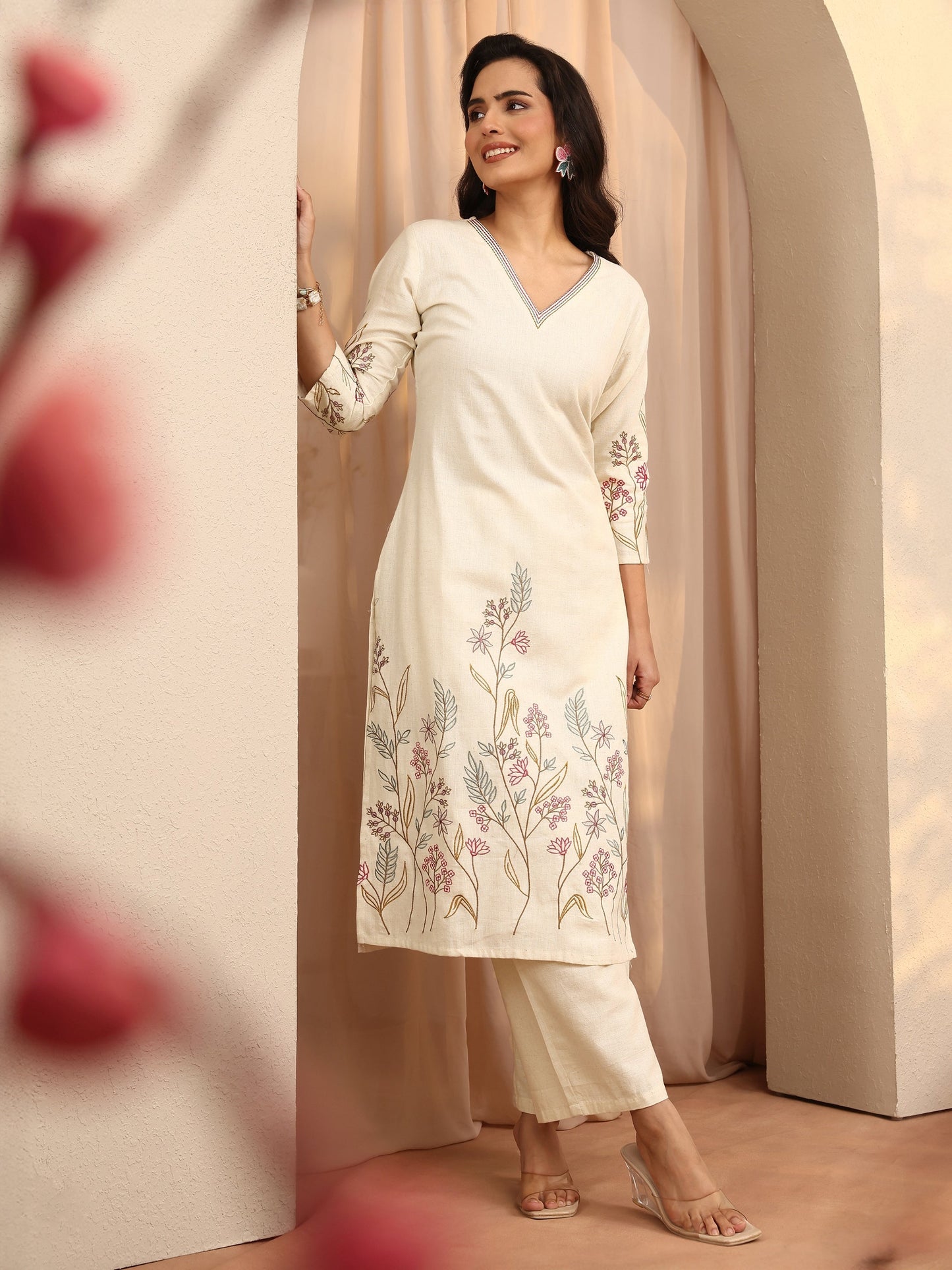 Libas Off White Embroidered Cotton Blend Straight Kurta Set