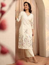 Libas Off White Embroidered Cotton Blend Straight Kurta Set