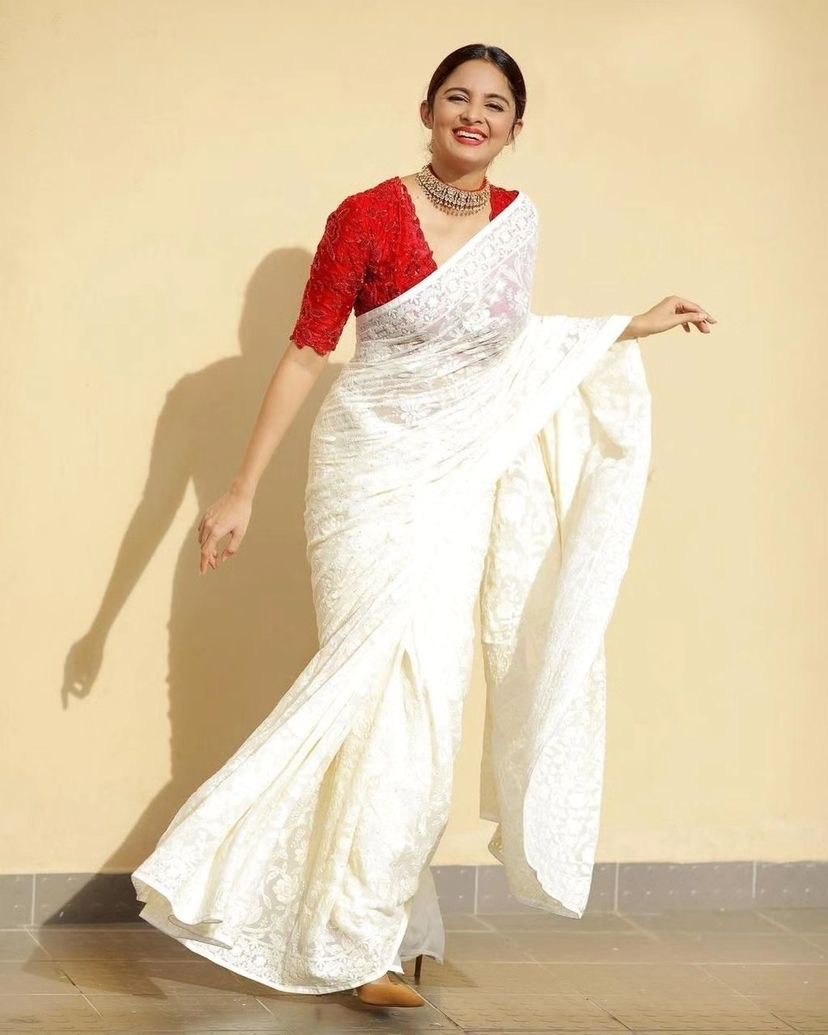 Off White Eye-Catching Bollywood Elegance: Rangoli Silk Saree with Sequined Blouse