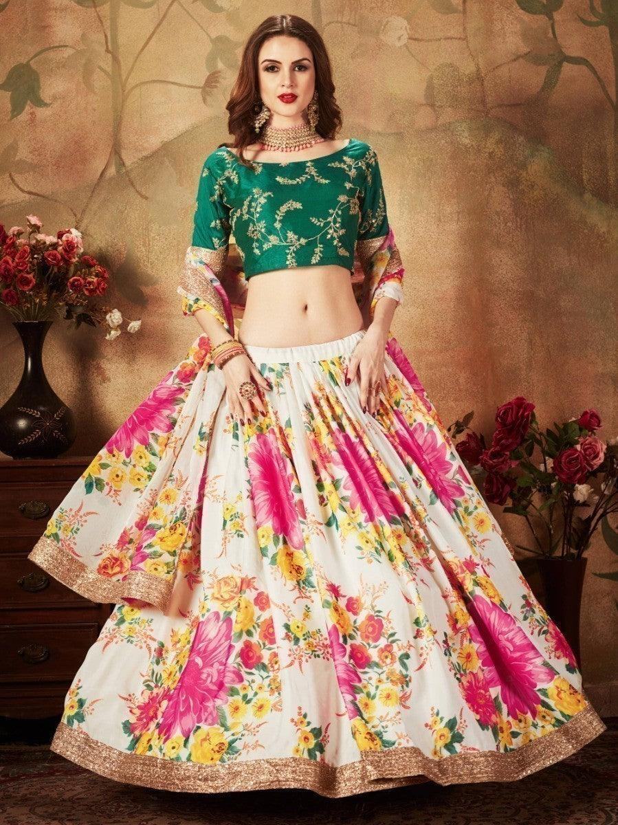 Off-White Floral Digital Printed Organza Bridal Lehenga Choli