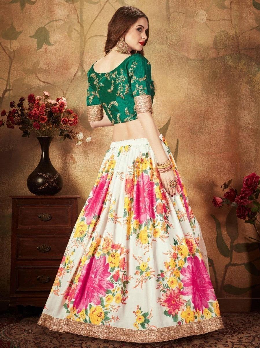 Off-White Floral Digital Printed Organza Bridal Lehenga Choli