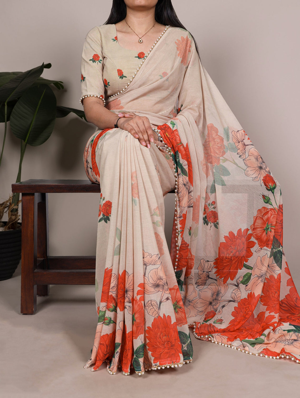 Off White Floral Printed Marbal Saree