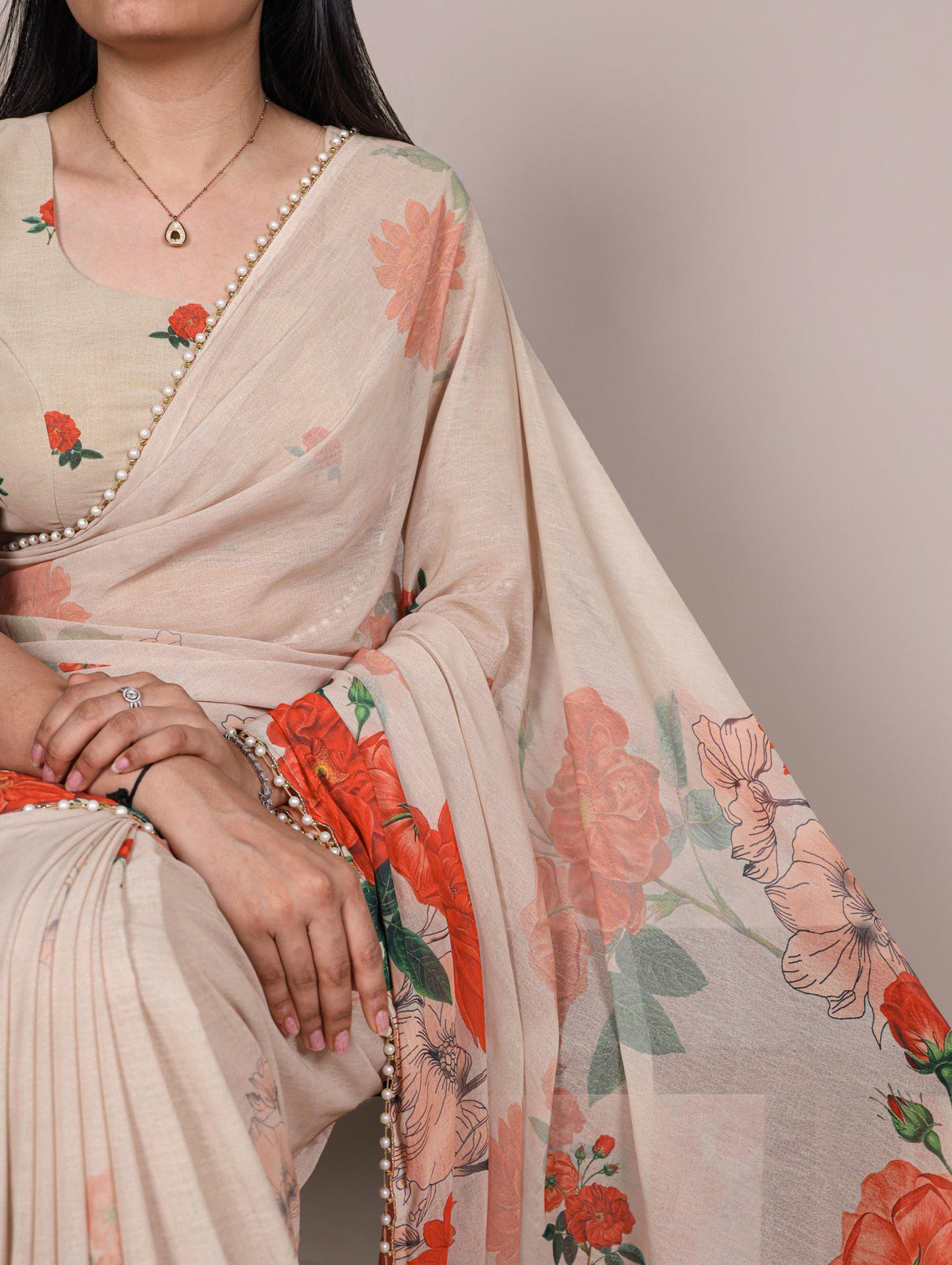 Off White Floral Printed Marbal Saree