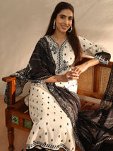 Libas Off White Floral Woven Design Cotton Blend Straight Suit Set With Dupatta