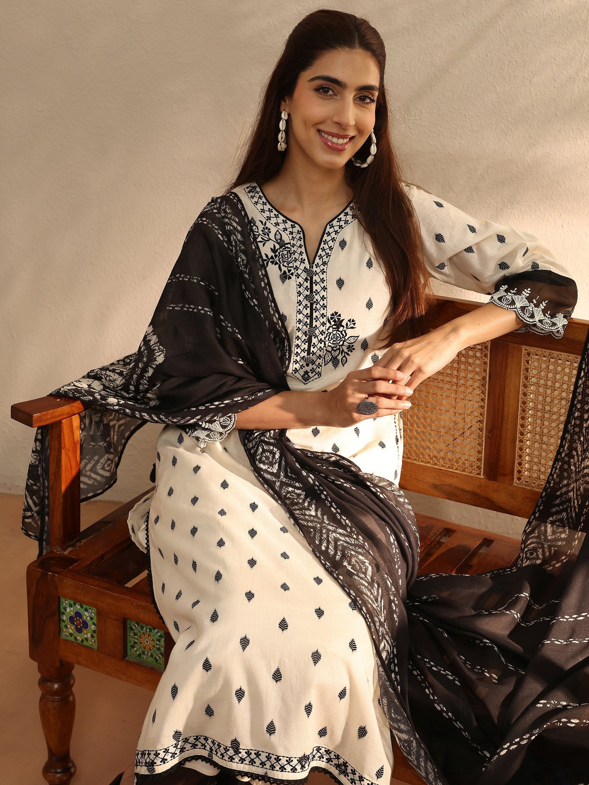 Libas Off White Floral Woven Design Cotton Blend Straight Suit Set With Dupatta