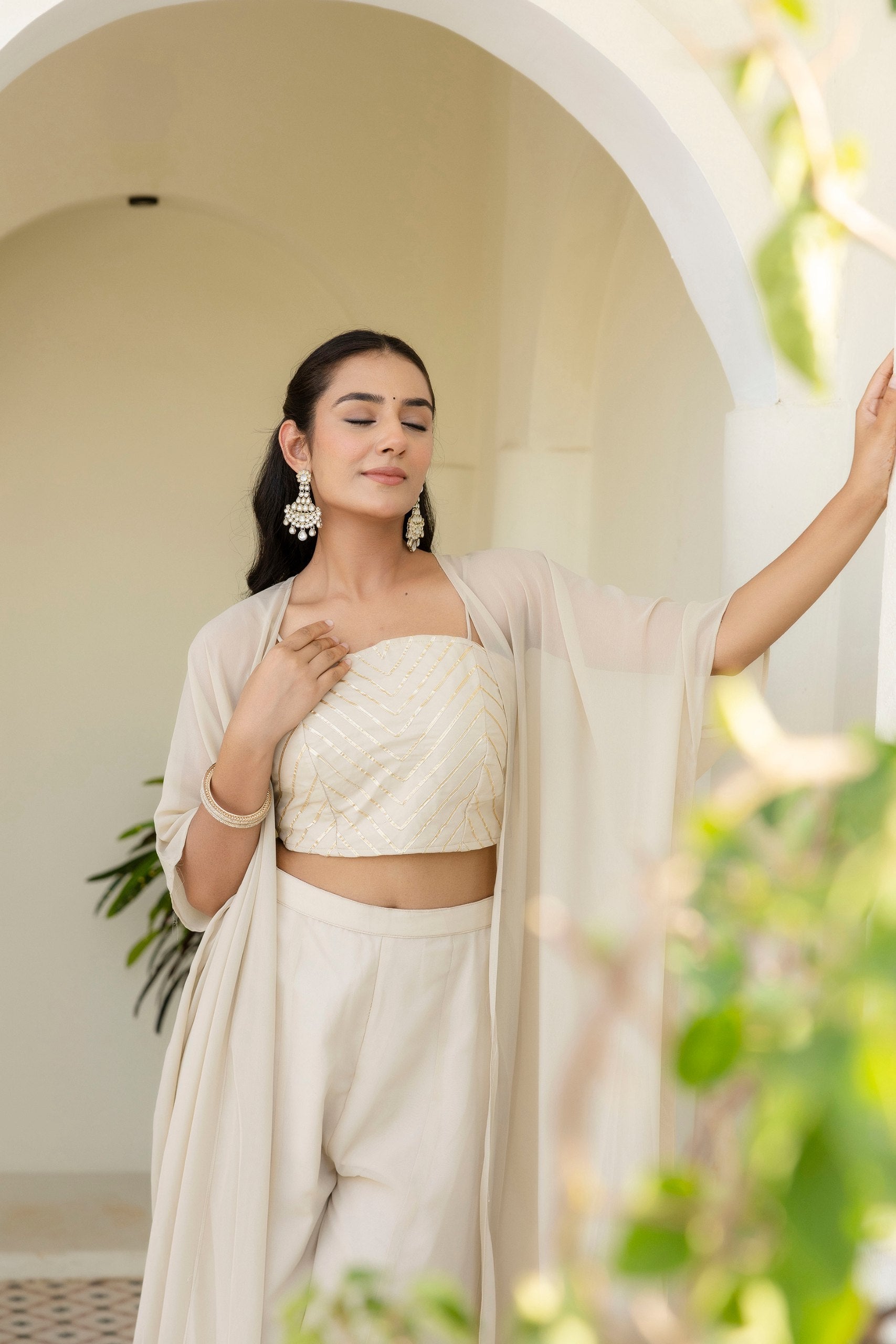 Off White Georgette Gotta Patti 3-Piece Set with Palazzo & Shrug – Fully Stitched & Ready to Wear