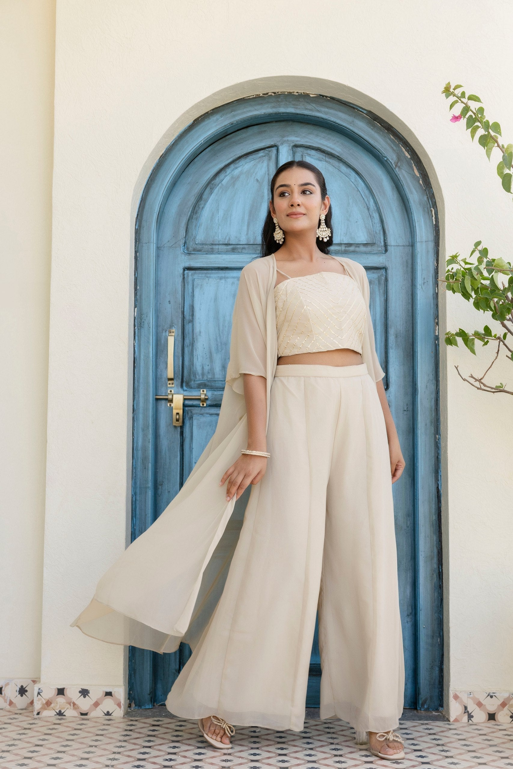 Off White Georgette Gotta Patti 3-Piece Set with Palazzo & Shrug – Fully Stitched & Ready to Wear