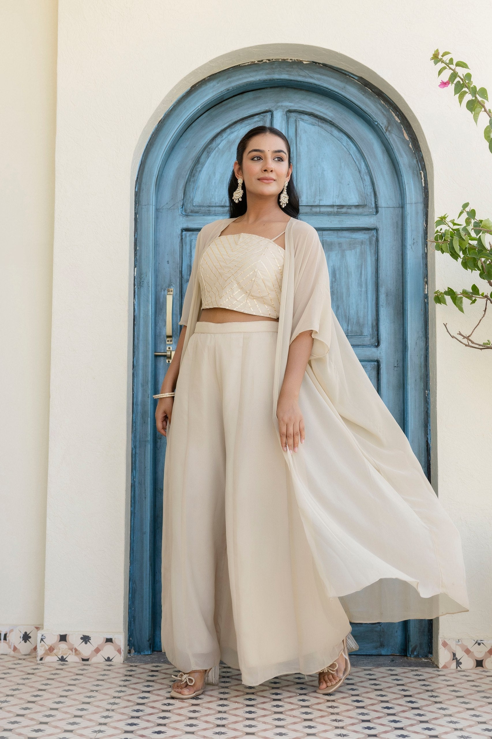 Off White Georgette Gotta Patti 3-Piece Set with Palazzo & Shrug – Fully Stitched & Ready to Wear