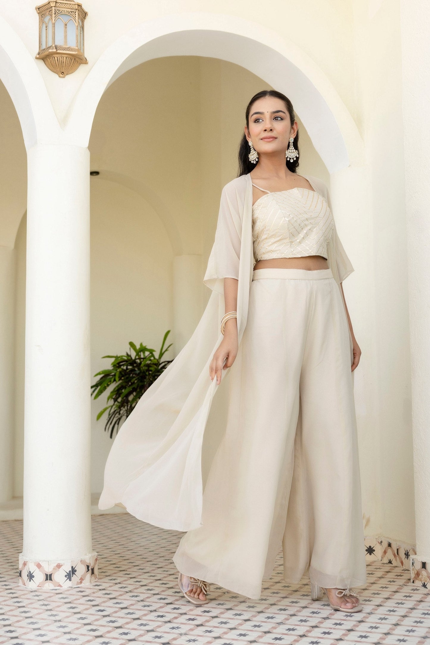 Off White Georgette Gotta Patti 3-Piece Set with Palazzo & Shrug – Fully Stitched & Ready to Wear