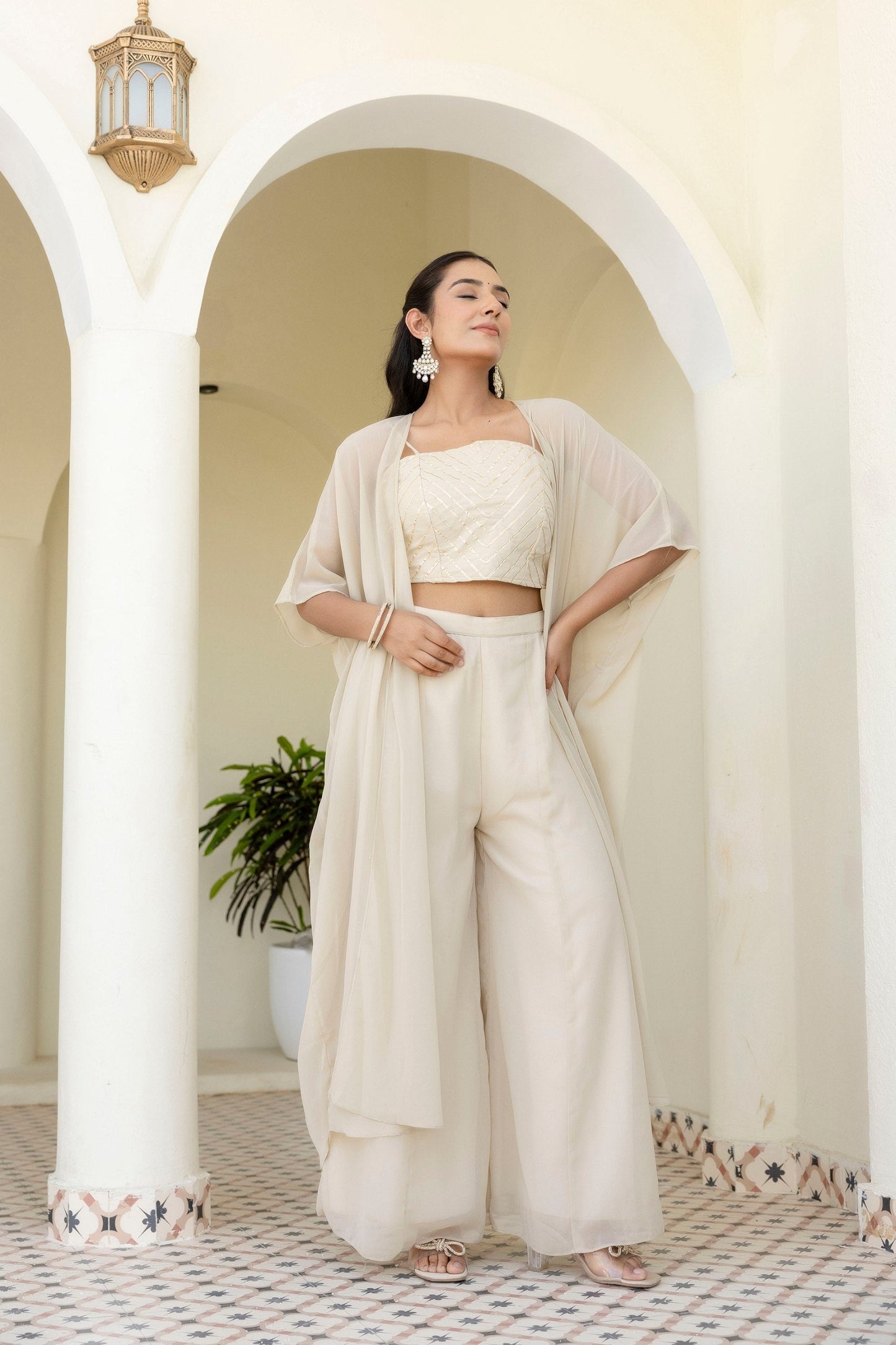 Off White Georgette Gotta Patti 3-Piece Set with Palazzo & Shrug – Fully Stitched & Ready to Wear