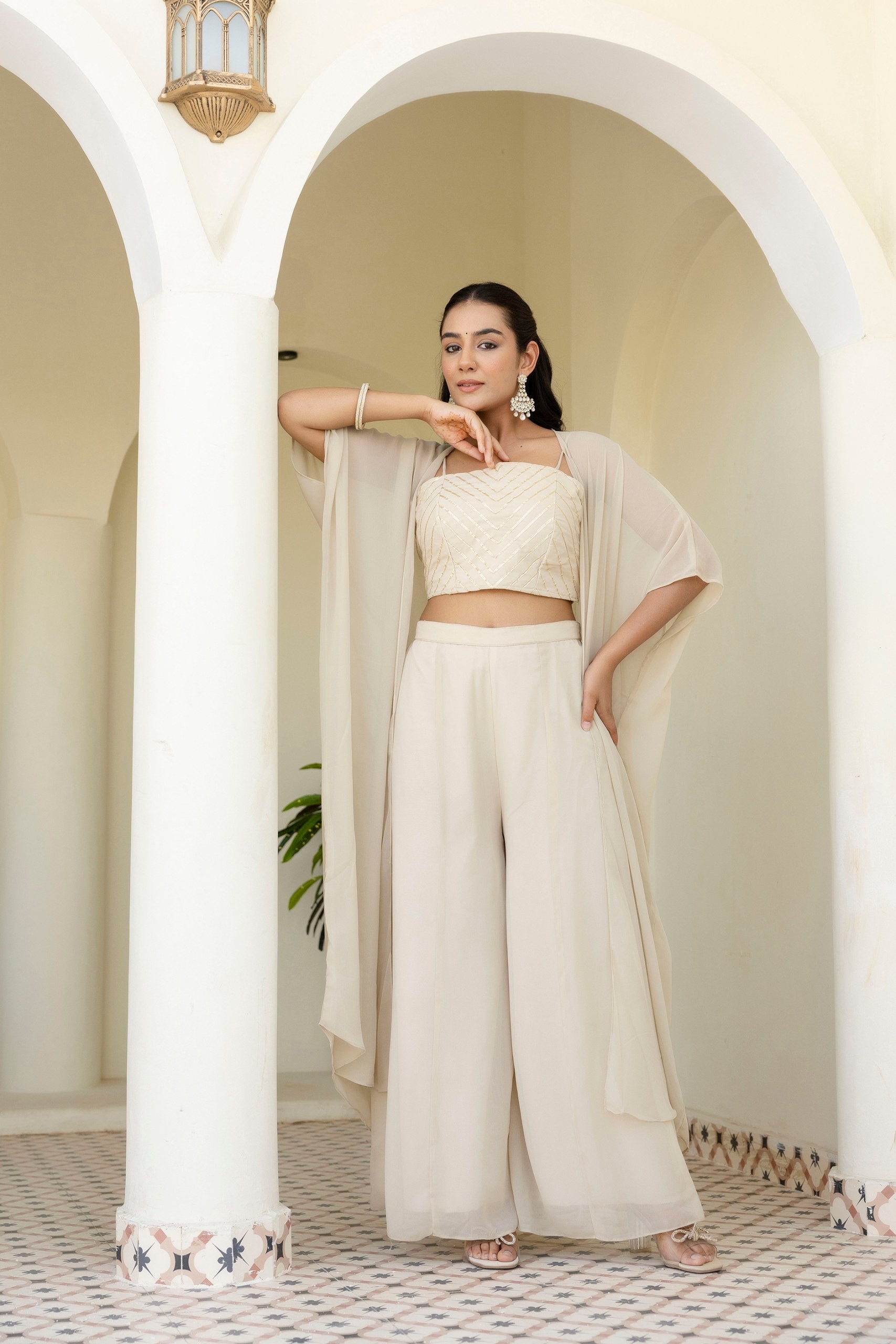 Off White Georgette Gotta Patti 3-Piece Set with Palazzo & Shrug – Fully Stitched & Ready to Wear