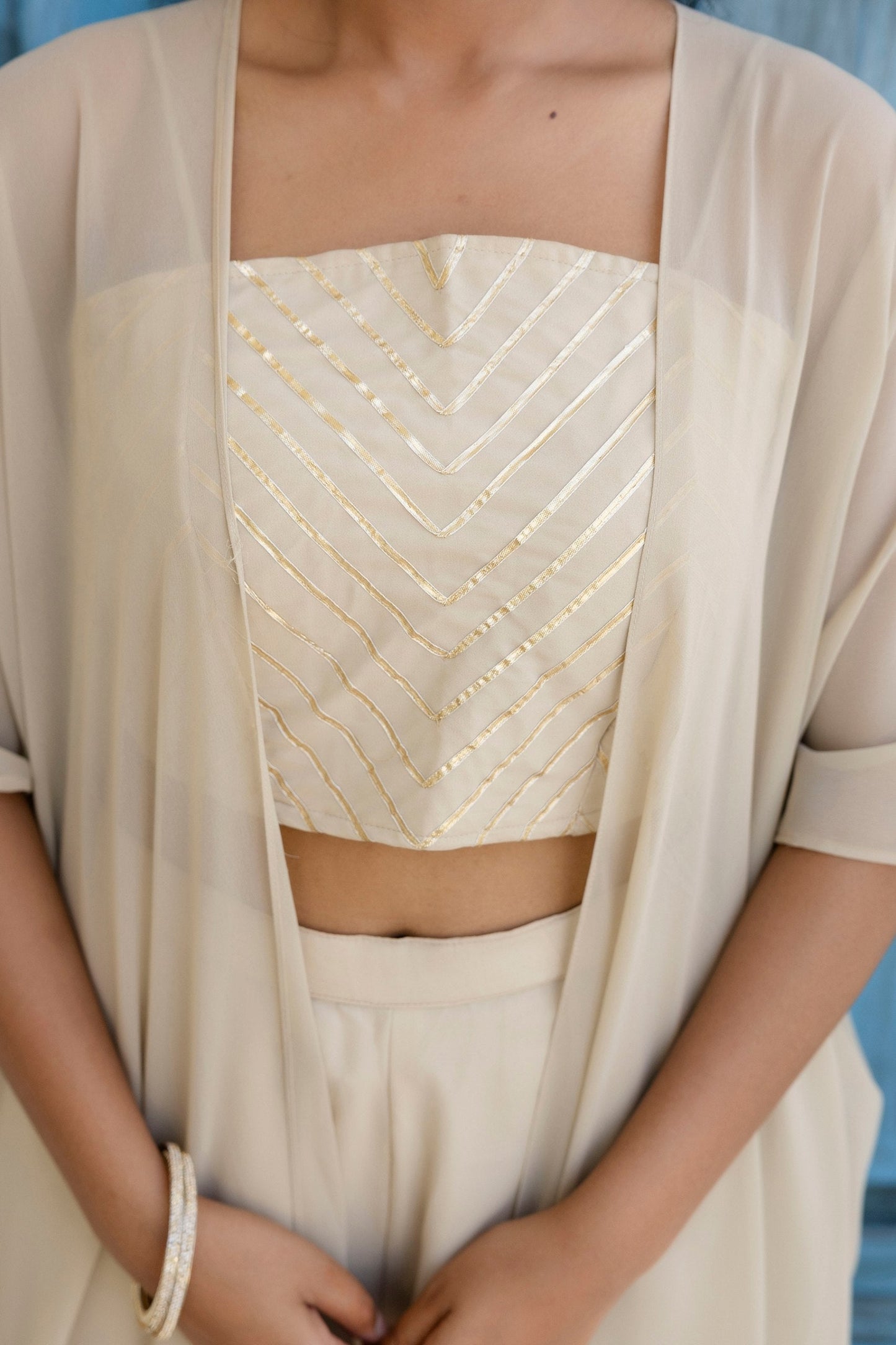 Off White Georgette Gotta Patti 3-Piece Set with Palazzo & Shrug – Fully Stitched & Ready to Wear
