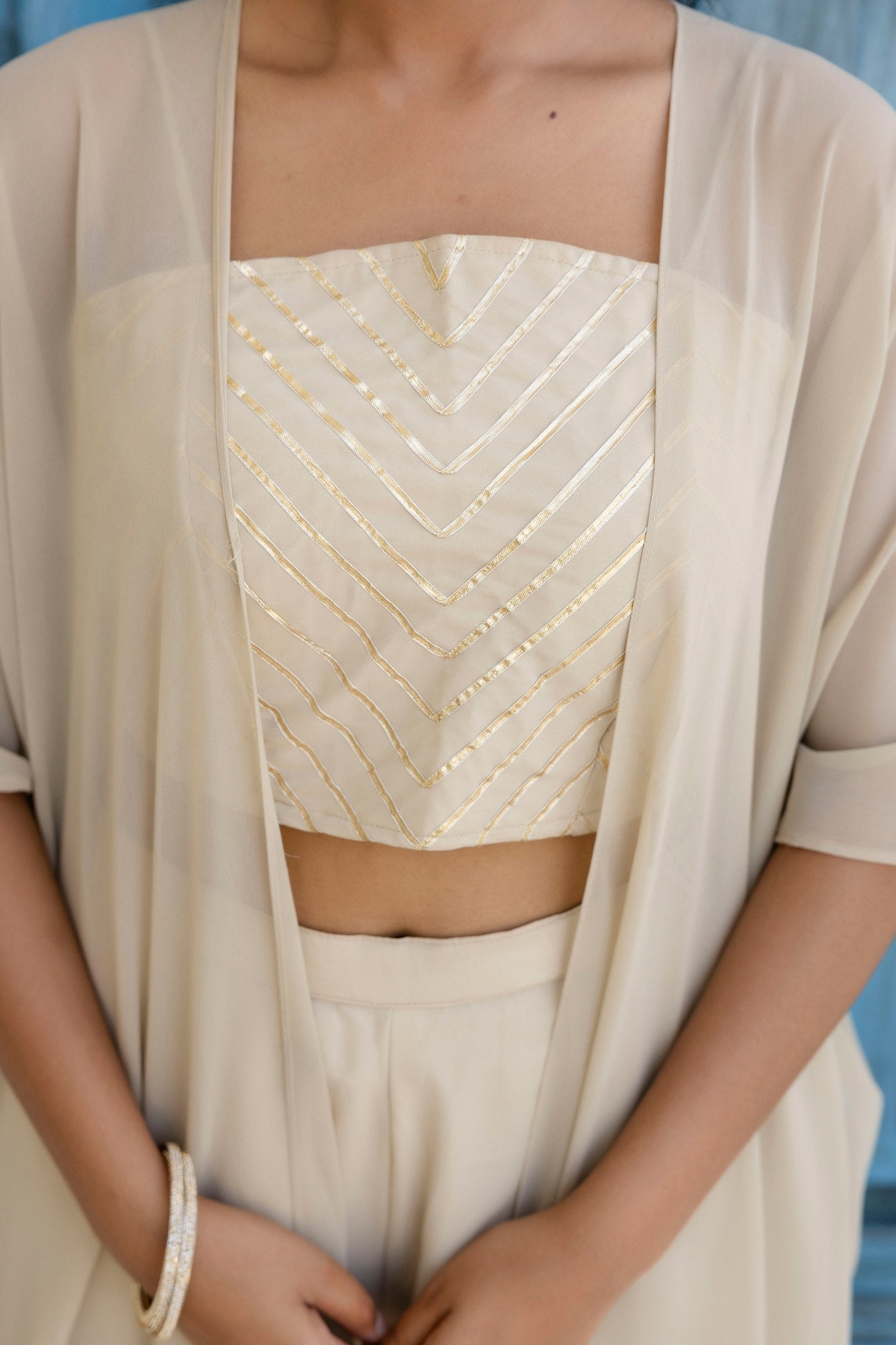 Off White Georgette Gotta Patti 3-Piece Set with Palazzo & Shrug – Fully Stitched & Ready to Wear