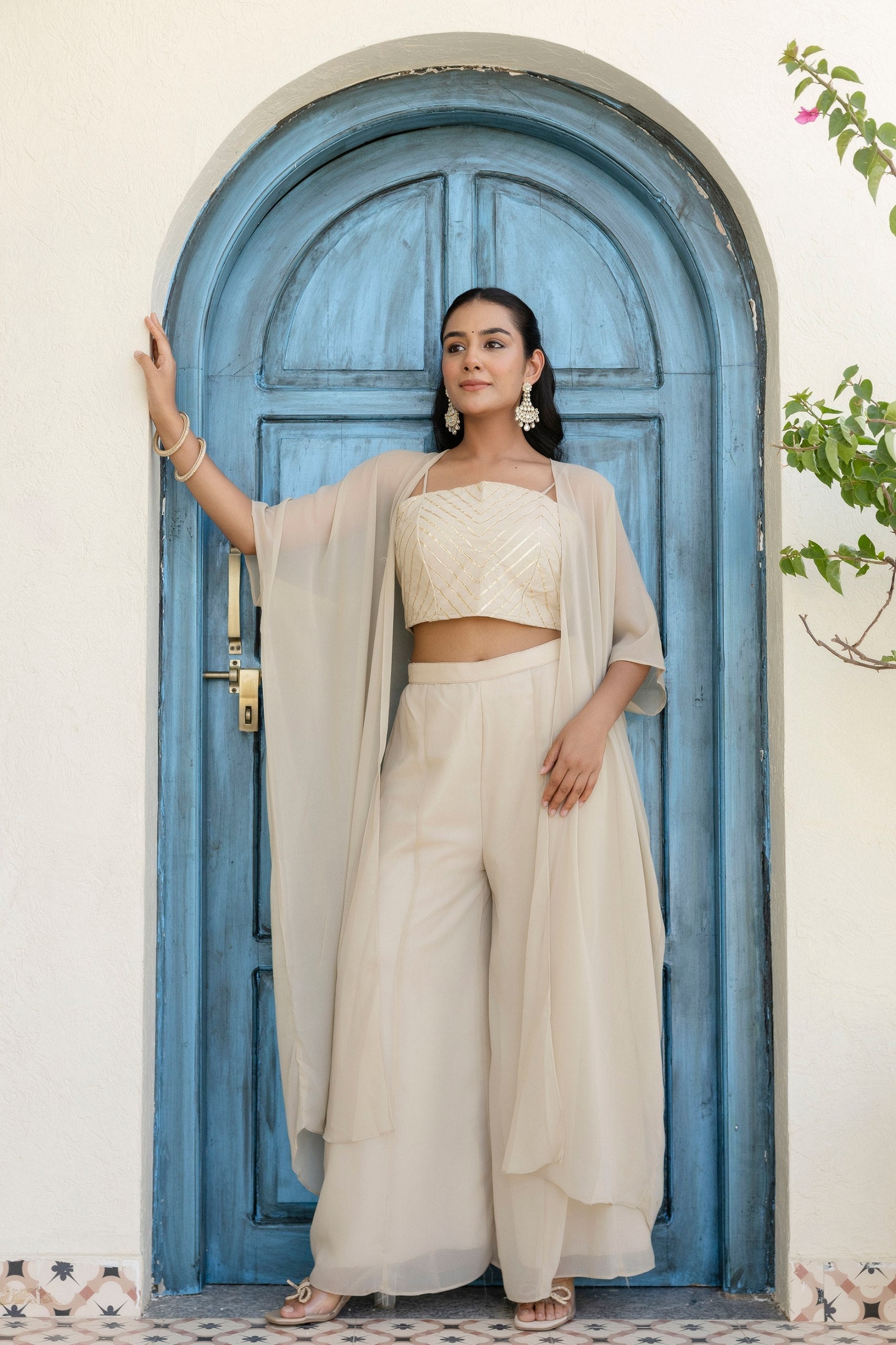 Off White Georgette Gotta Patti 3-Piece Set with Palazzo & Shrug – Fully Stitched & Ready to Wear