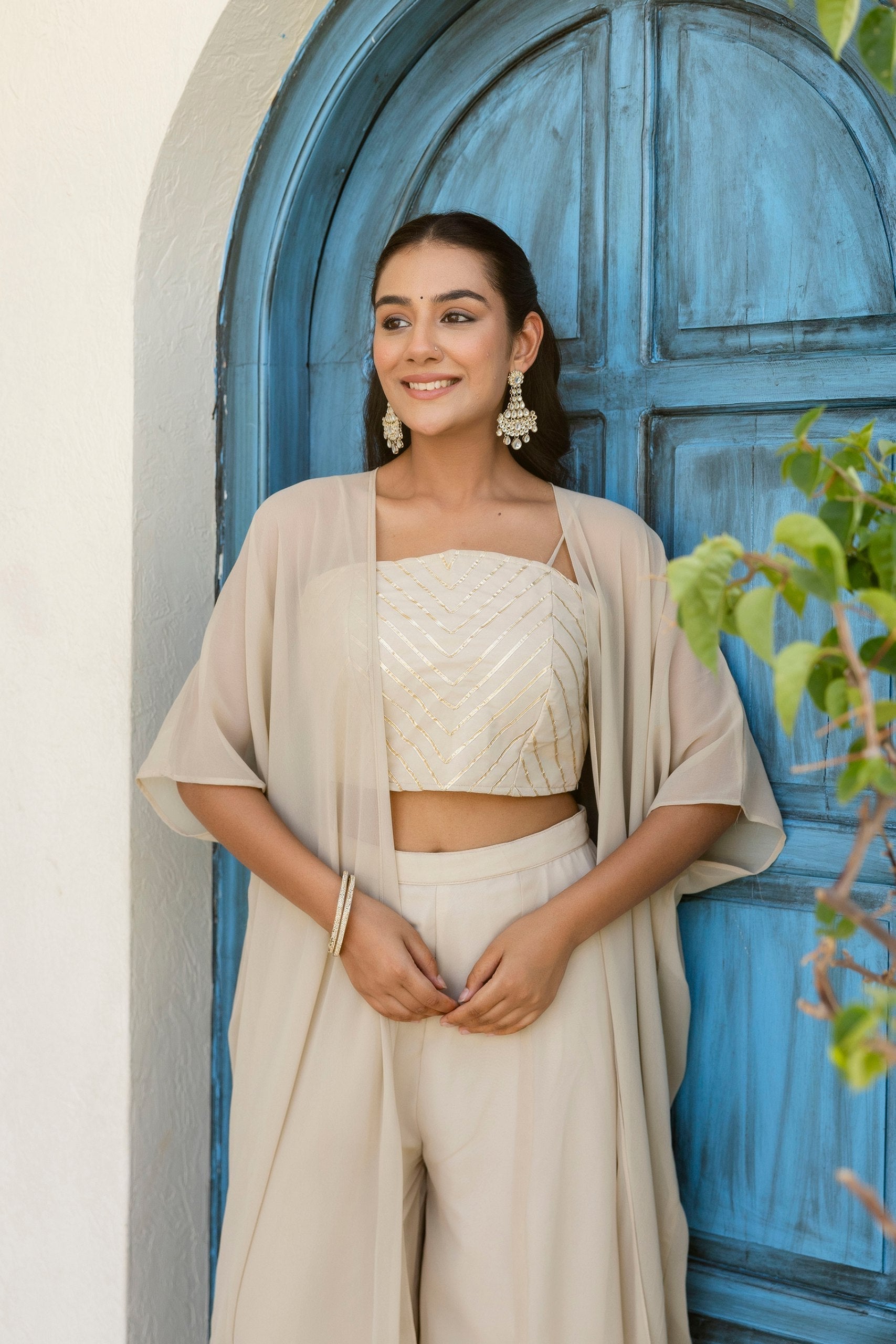 Off White Georgette Gotta Patti 3-Piece Set with Palazzo & Shrug – Fully Stitched & Ready to Wear