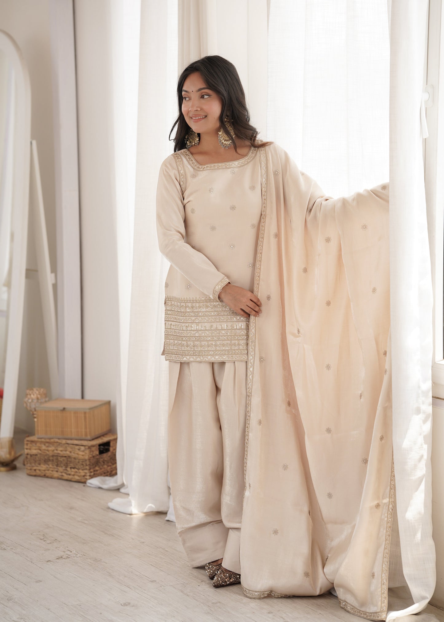 Off White Glass Silk Farshi suit