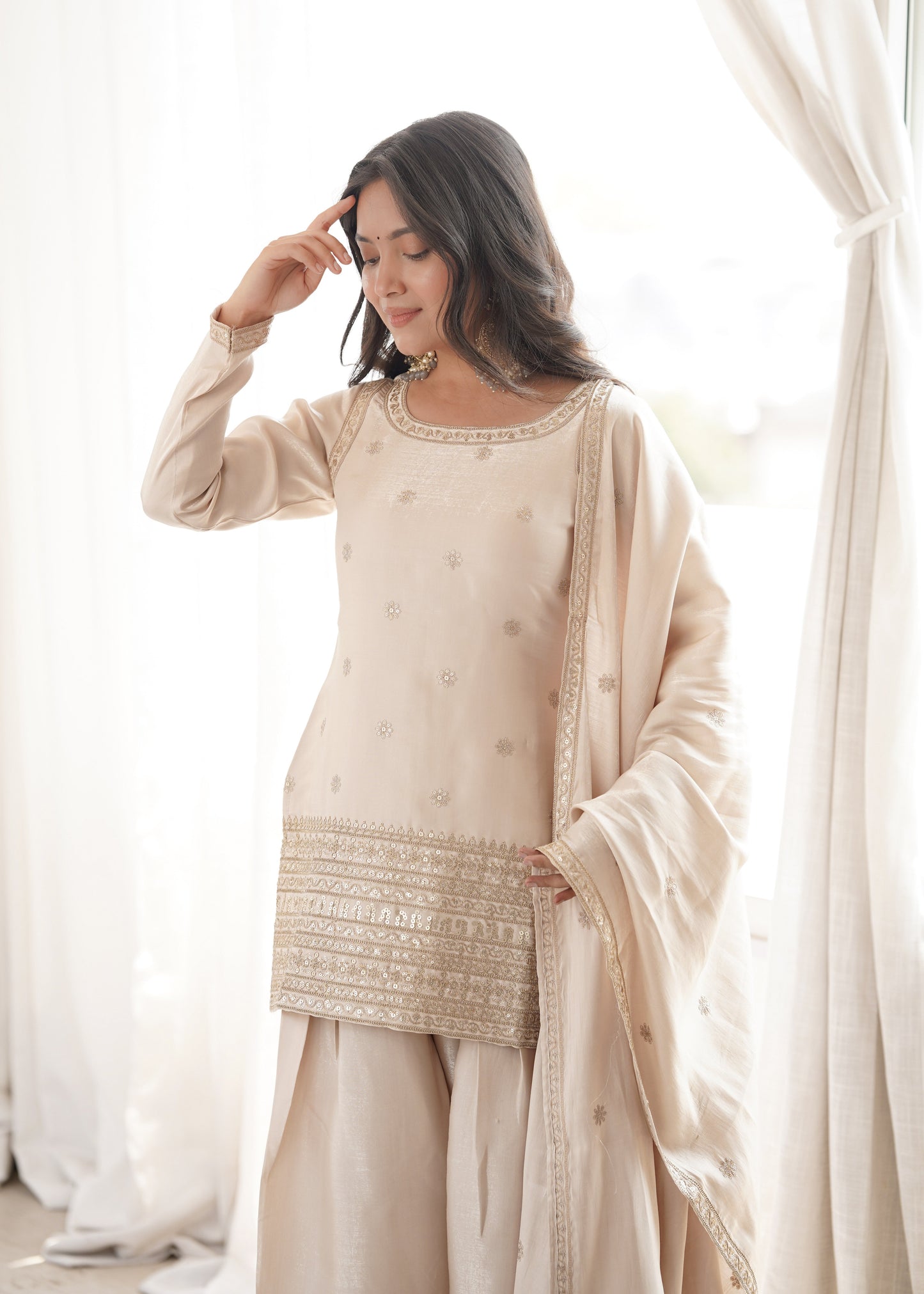 Off White Glass Silk Farshi suit
