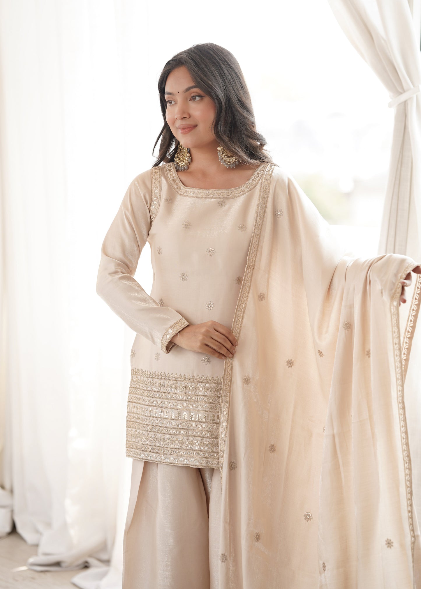Off White Glass Silk Farshi suit