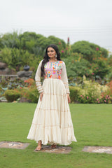 Off-White Navratri Special Kora Cotton Embroidered Gown with Gota Patti Work & 12 Meter Flair