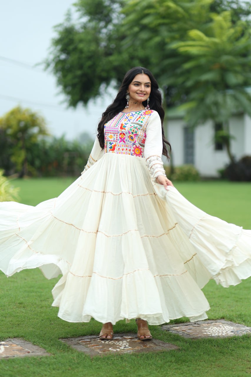 Off-White Navratri Special Kora Cotton Embroidered Gown with Gota Patti Work & 12 Meter Flair