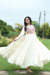 Off-White Navratri Special Kora Cotton Embroidered Gown with Gota Patti Work & 12 Meter Flair