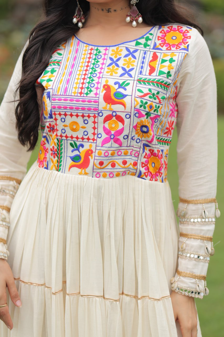 Off-White Navratri Special Kora Cotton Embroidered Gown with Gota Patti Work & 12 Meter Flair