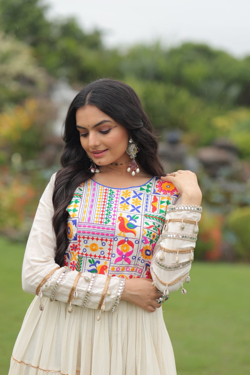 Off-White Navratri Special Kora Cotton Embroidered Gown with Gota Patti Work & 12 Meter Flair