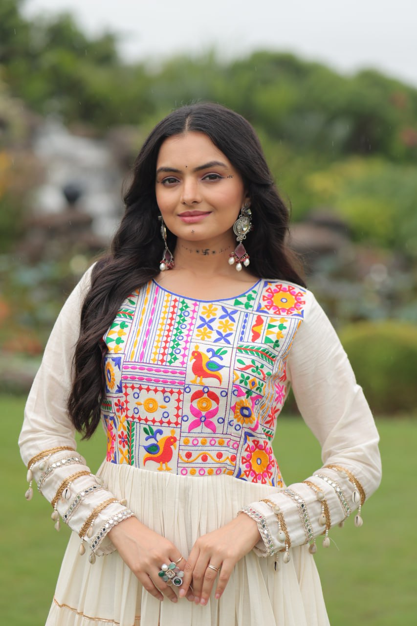 Off-White Navratri Special Kora Cotton Embroidered Gown with Gota Patti Work & 12 Meter Flair