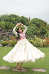 Off-White Navratri Special Kora Cotton Embroidered Gown with Gota Patti Work & 12 Meter Flair