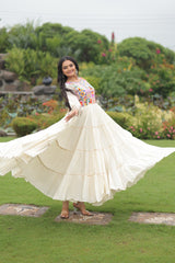 Off-White Navratri Special Kora Cotton Embroidered Gown with Gota Patti Work & 12 Meter Flair
