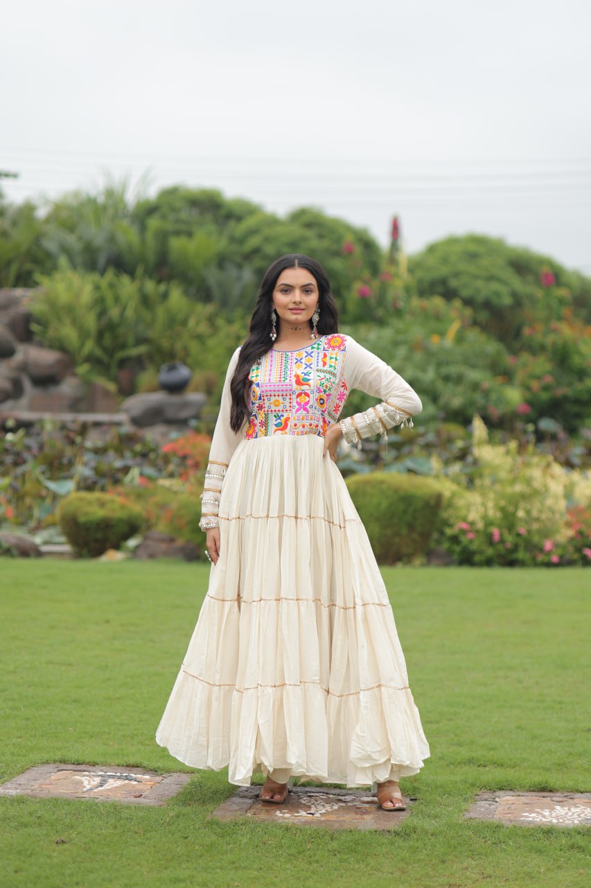 Off-White Navratri Special Kora Cotton Embroidered Gown with Gota Patti Work & 12 Meter Flair