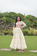 Off-White Navratri Special Kora Cotton Embroidered Gown with Gota Patti Work & 12 Meter Flair