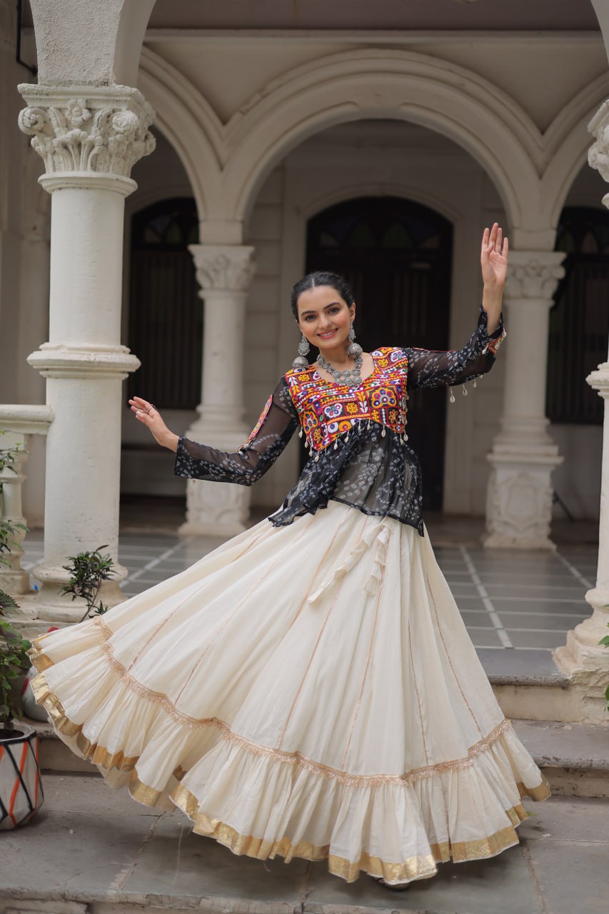Off White Kora Cotton Gota-Patti Lehenga with Black Bandhani Kutchi Patchwork Top