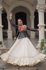 Off White Kora Cotton Gota-Patti Lehenga with Black Bandhani Kutchi Patchwork Top